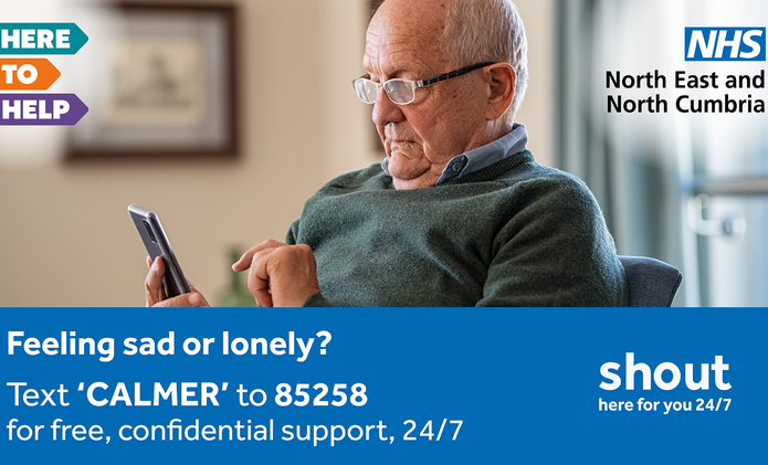 Older man texting, writing overlay say Text CALMER to 85258