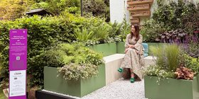 Rachel de Thame sitting in the Shout Chelsea Flower Show garden